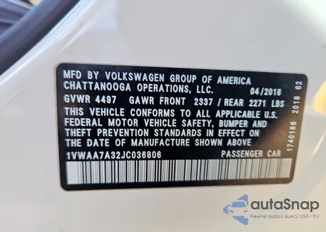 2018 Volkswagen Passat S z USA, uszkodzony, nr VIN 1VWAA7A32JC036806